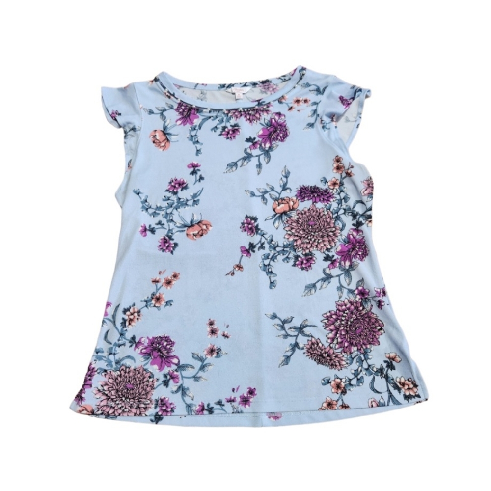 Candies Pearl-Trim Flutter Sleeve Light Blue Floral Top - Medium